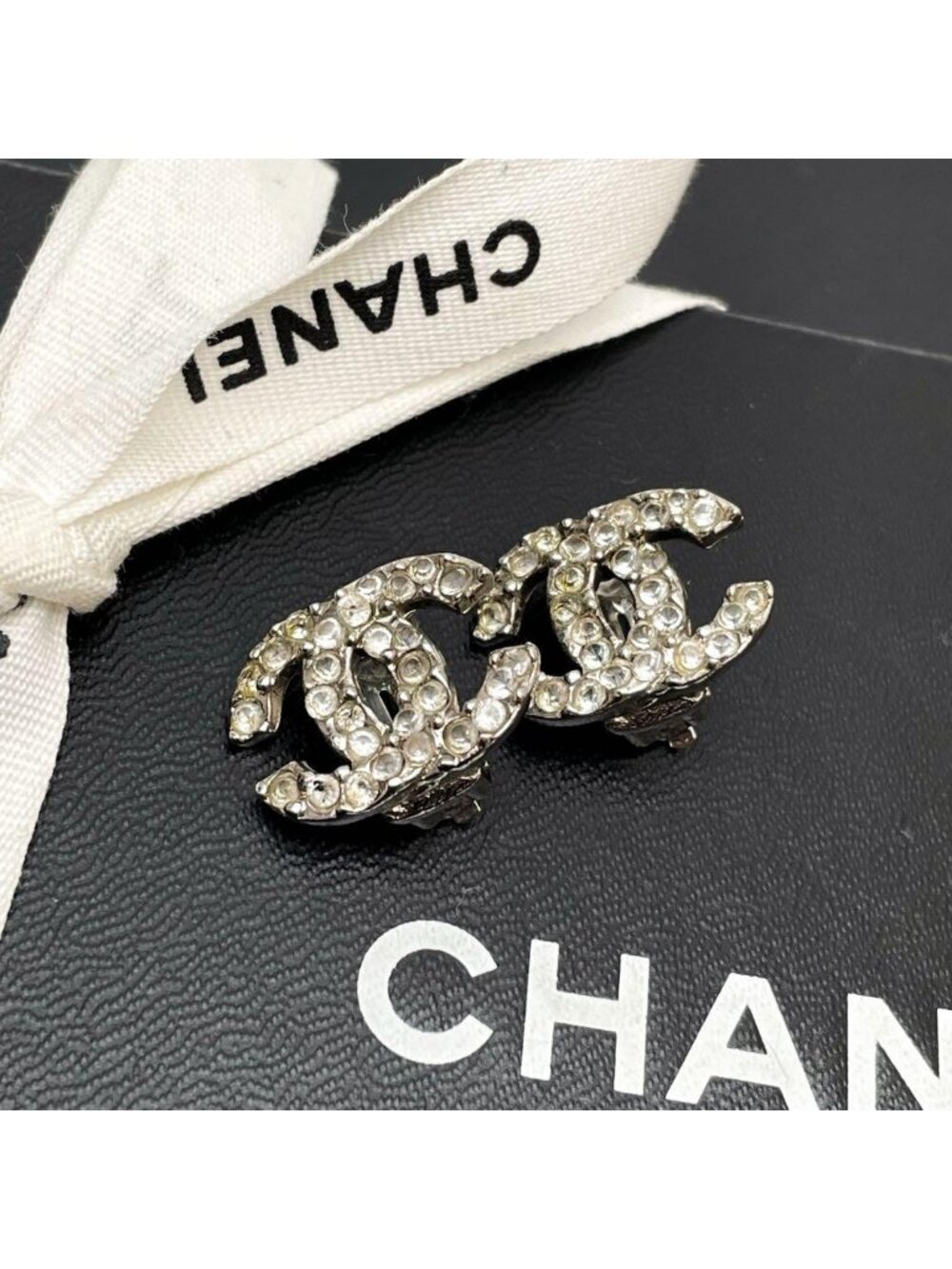 Chanel CC Logo Earrings 03A Rhinestone Icon Silver